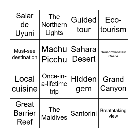Travel Bingo Card
