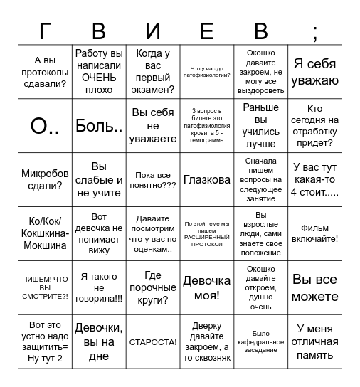 Бинго Гавришевой Bingo Card