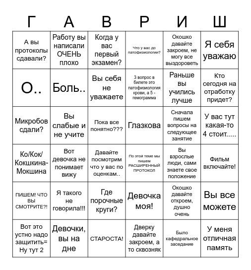 Бинго Гавришевой Bingo Card