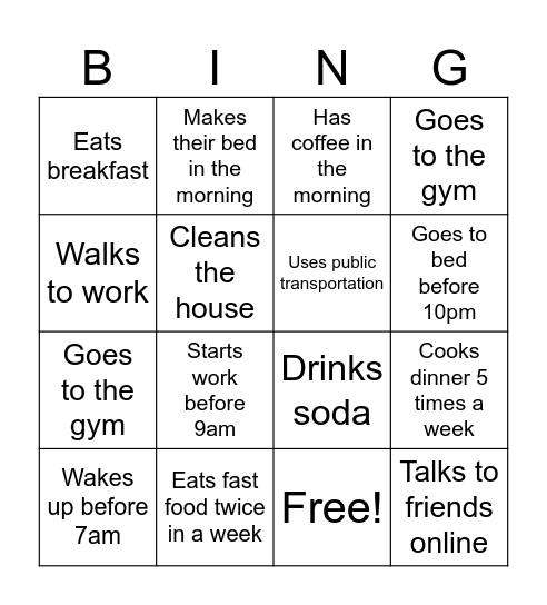 Daily Routine Bingo Card