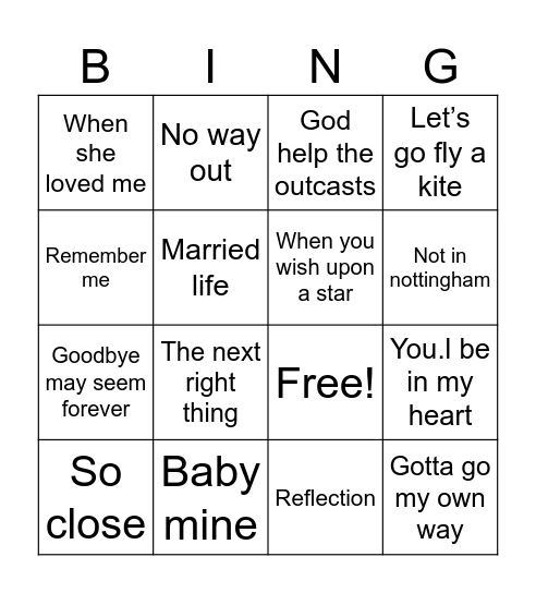 Sad Disney Bingo Card