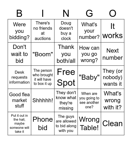 Auction Bingo Card