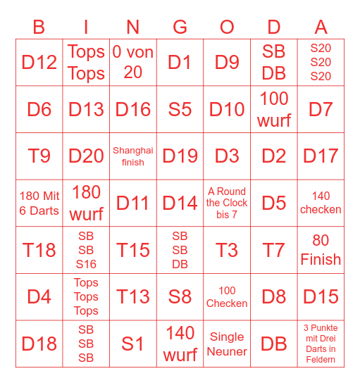 Dart Bingo Card