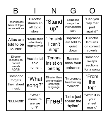 Chorus Rehearsal Bingo Card