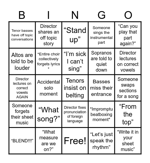 Chorus Rehearsal Bingo Card