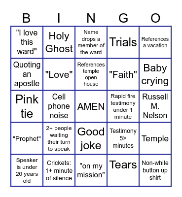 Fast Sunday BINGO Card