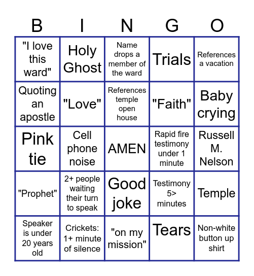 Fast Sunday BINGO Card