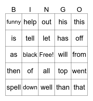 SIGHT WORDS Bingo Card
