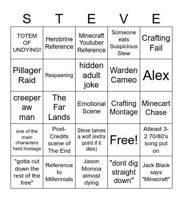 Minecraft Movie Bingo Card