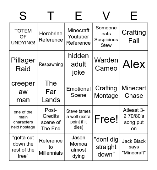 Minecraft Movie Bingo Card
