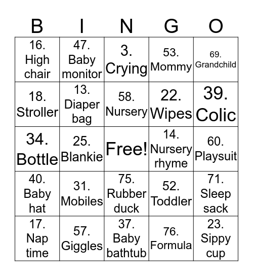Shipra's Baby Shower Bingo Card