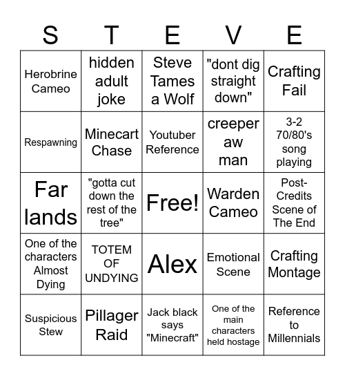 Minecraft Movie Bingo Card