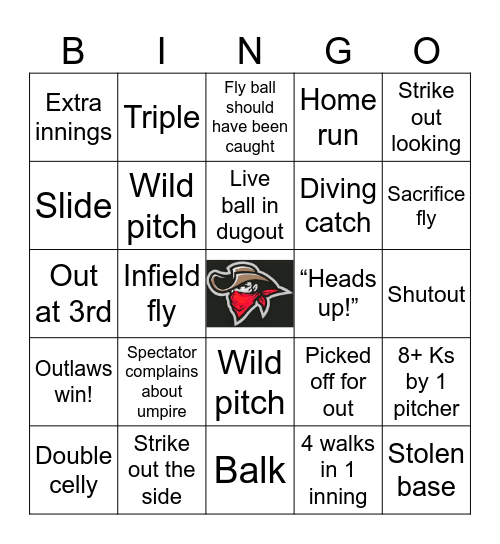Outlaws Baseball Bingo Card
