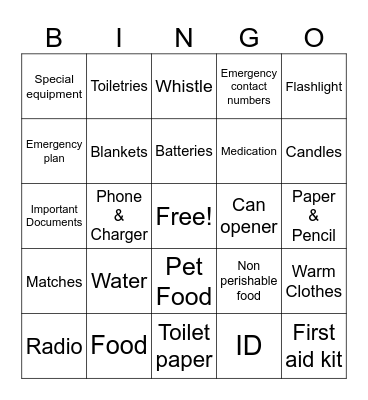Emergency Preparedness Bingo Card