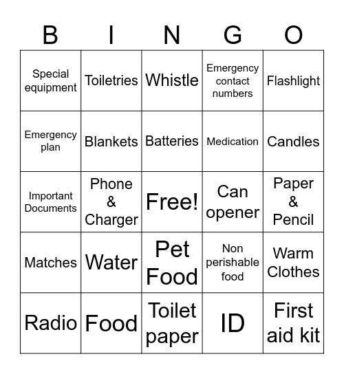 Emergency Preparedness Bingo Card