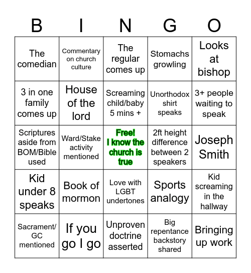 Fast and Testimony Bingo Card