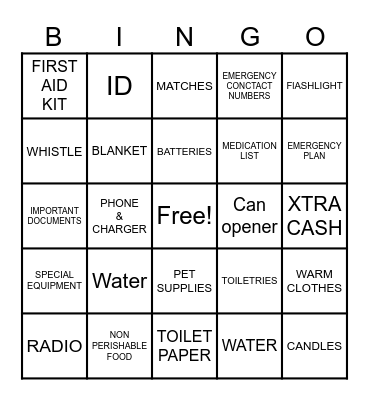 Emergency Preparedness Bingo Card