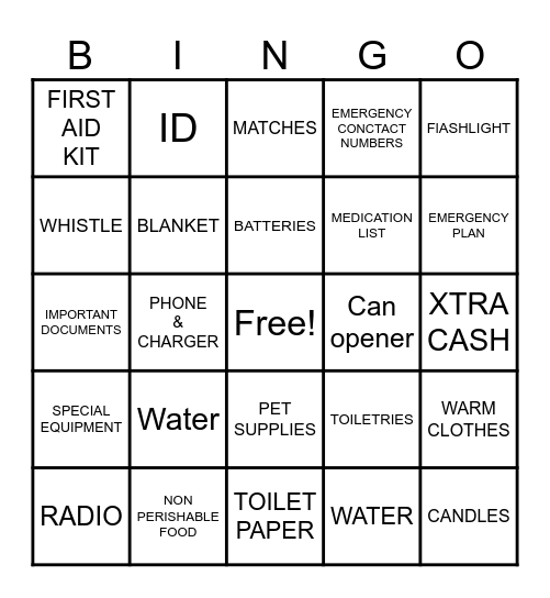 Emergency Preparedness Bingo Card