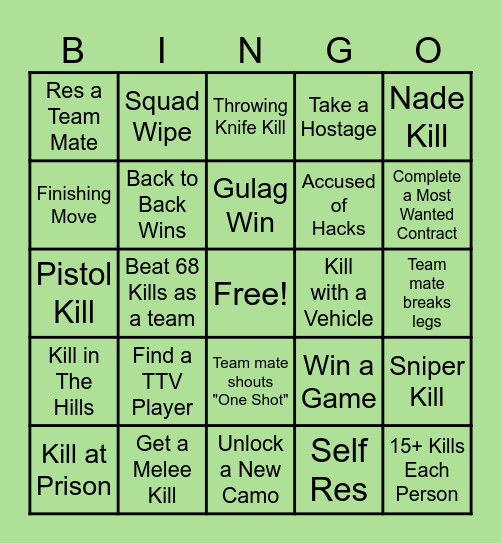 12 Hour Call of Duty Bingo Card