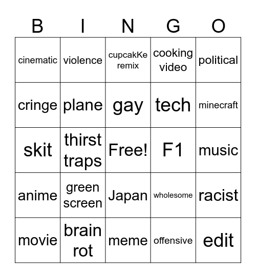 Instagram Bingo Card