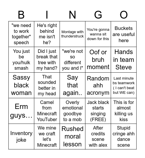 Minecraft Movie Bingo Card