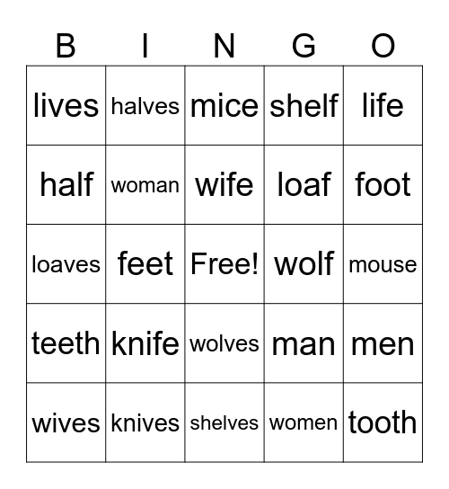 U6 W1 Irregular Plurals Bingo Card