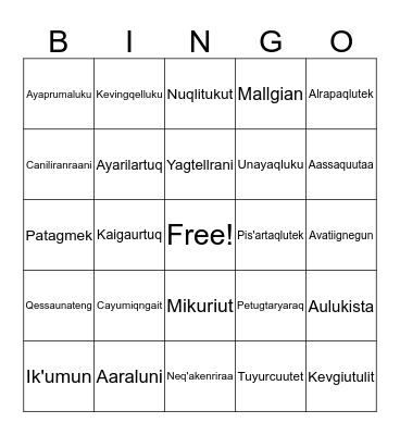 Vocabulary-put Bingo Card