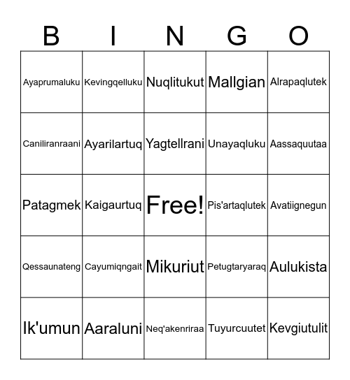 Vocabulary-put Bingo Card