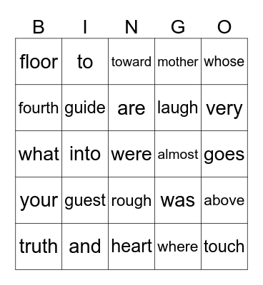 UFLI Heart Words Bingo Card