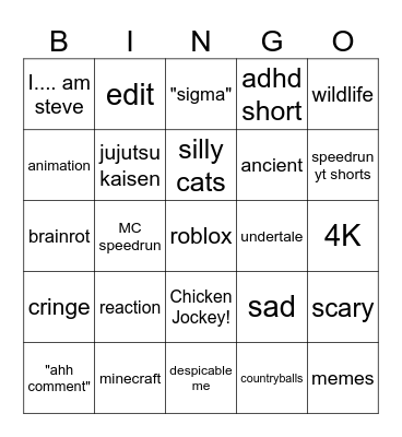 YT shorts bingo Card