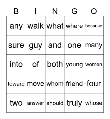 UFLI Heart Words Bingo Card