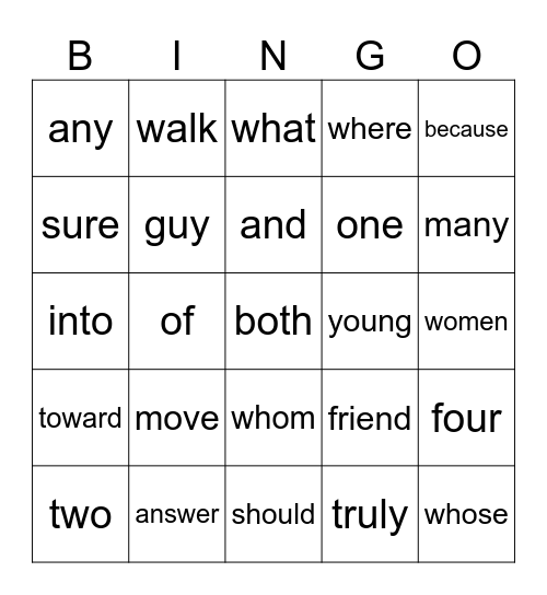 UFLI Heart Words Bingo Card