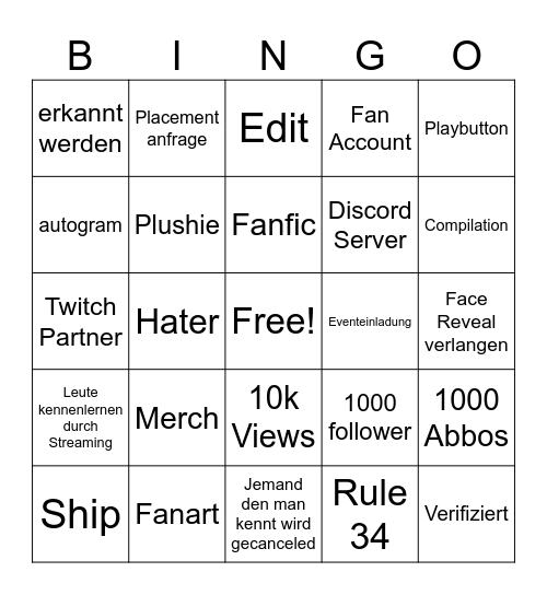 Fame Bingo Card