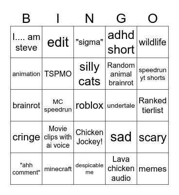 YT shorts bingo Card