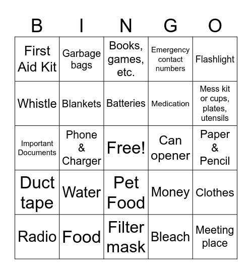 Emergency Preparedness Bingo Card