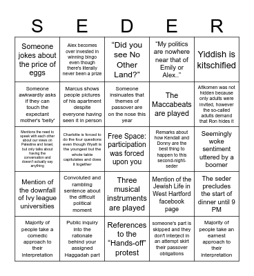 SEDER 2025 Bingo Card