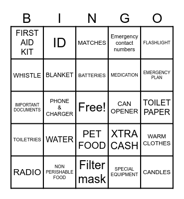 Emergency Preparedness Bingo Card