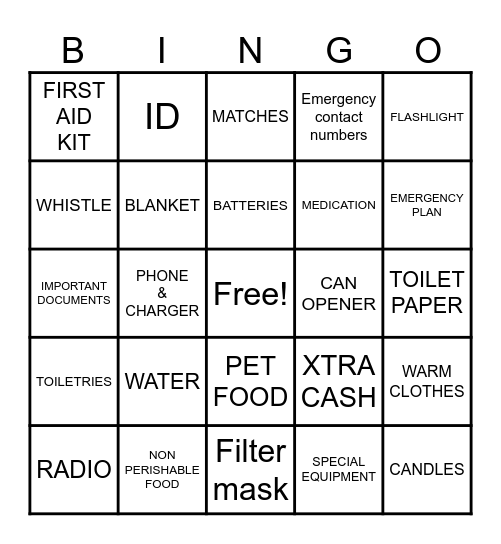 Emergency Preparedness Bingo Card
