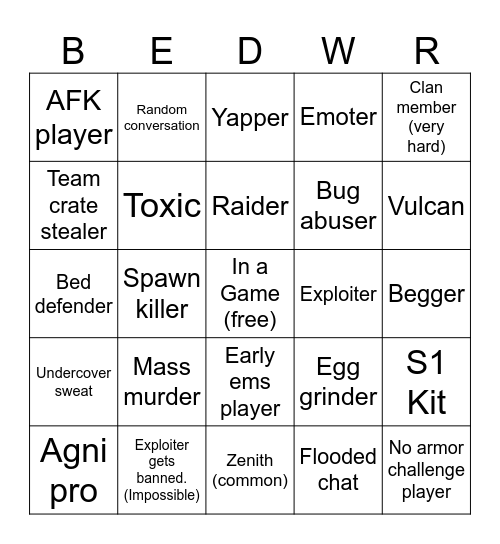 Bedwars Bingo Card