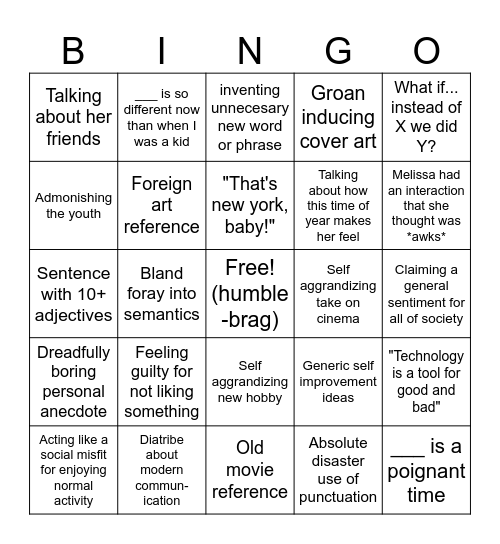 NYT Melissa Kirch saturday OpEd Bingo Card