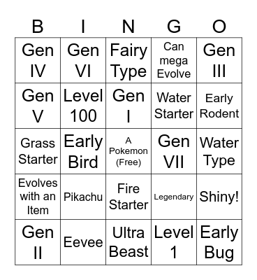Pokemon Club Wonder Trade Bingo Card