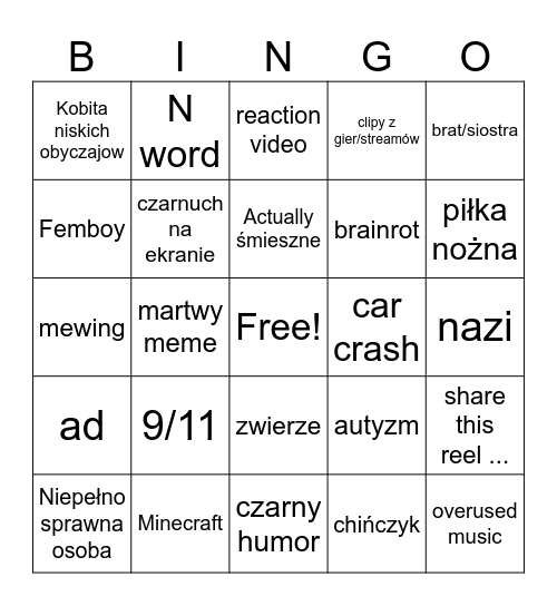 Instagram reels Bingo Card