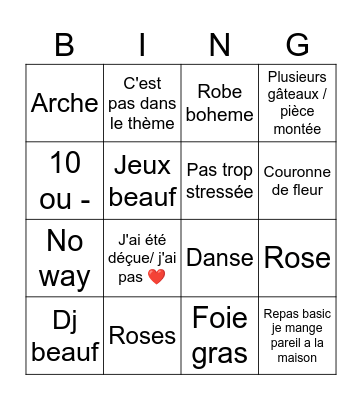 Romantique Bingo Card