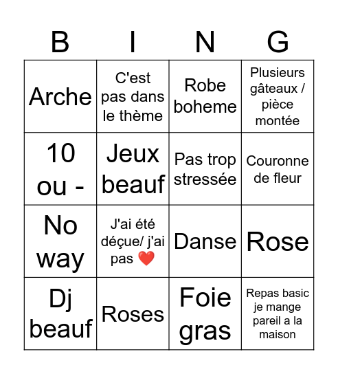 Romantique Bingo Card