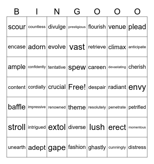 Vocabulary Bingo Card