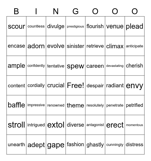 Vocabulary Bingo Card