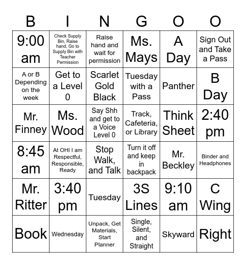 OHI Expectations Bingo Card