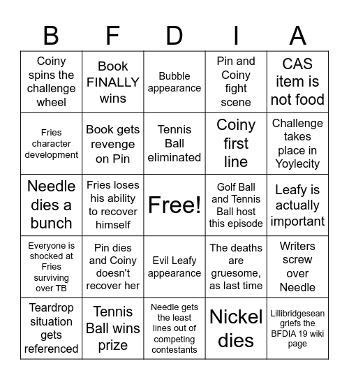 BFDIA 19 Bingo Card