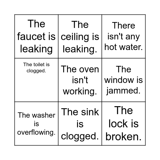 Household Problems Bingo Card