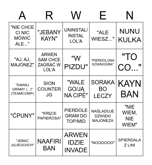 Liga Arwena Bingo Card